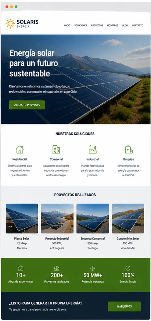 Ejemplo de página web para energía solar y renovables en Chile